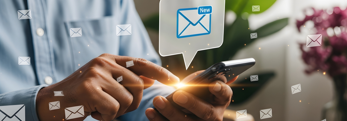 Email marketing strategy man using smartphone for newsletter subscription and communication plan